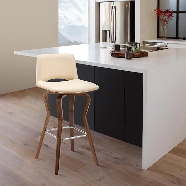 Armen Living Gerty 26 in. Counter Height Low Back Swivel Cream Faux Leather and Walnut Wood Bar Stool