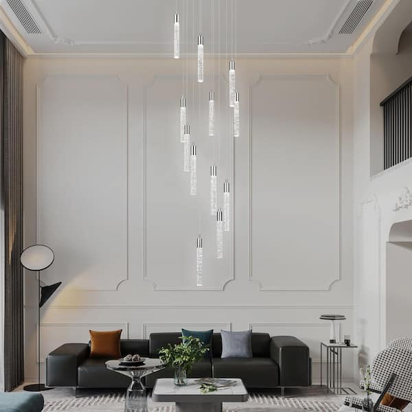 Home Lighting 72W Chrome 12-Light Modern Dimmable Integrated LED Staircase Large Chandelier High Ceiling for Entryway