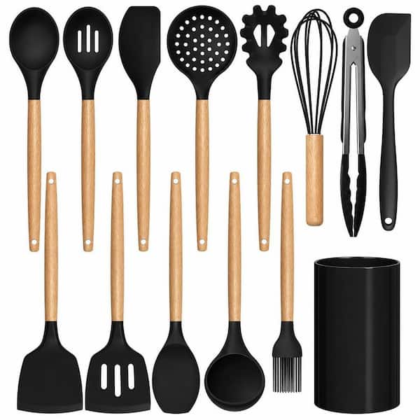 Silicone Cooking Kitchen Utensil Holder Set with Turner Tong, Spoon, Brush, Whisk, 446°F Heat Resistant, BPA Free, Black