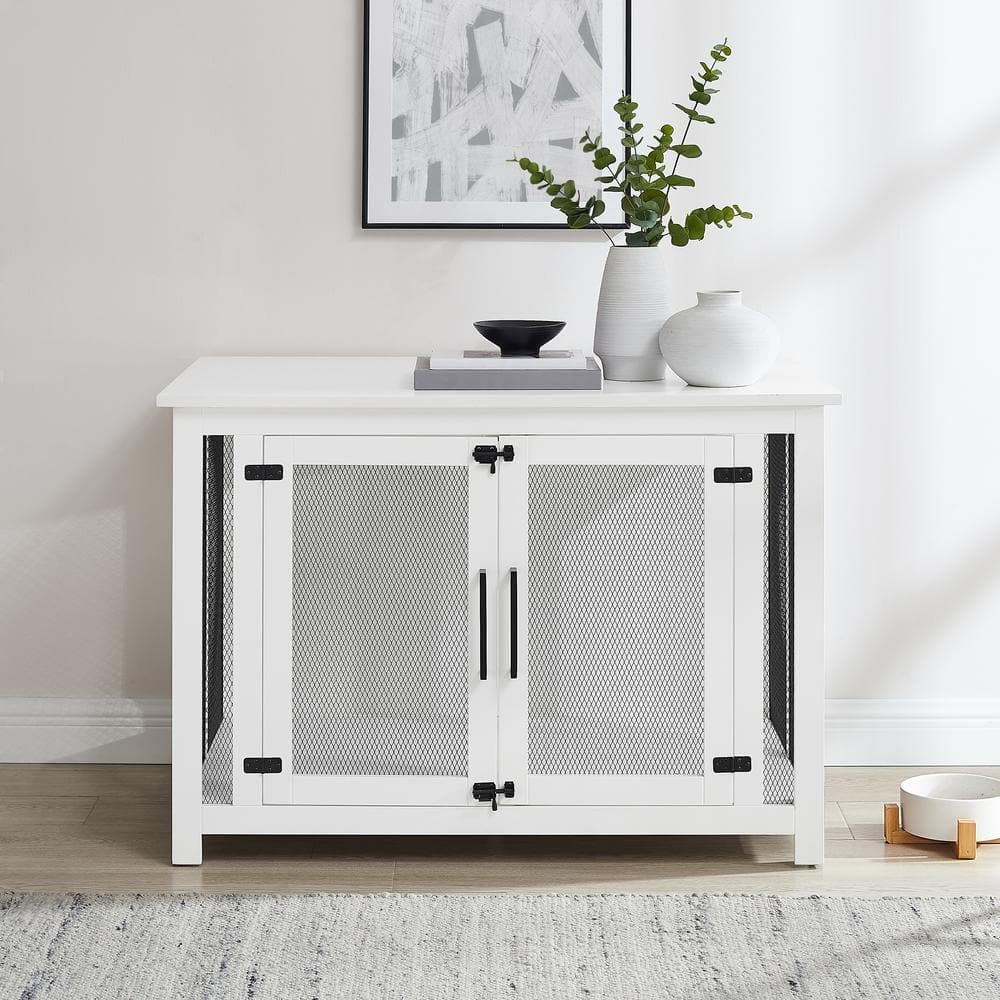 White and Black Steel Mesh Dog Crate Console Table