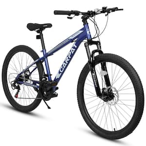 26 in. Wheels Mountain Bike Carbon Steel Frame Disc Brakes Thumb Shifter Front Fork Bicycles, Blue