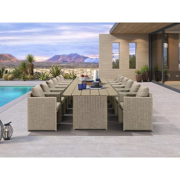 13-Piece Aluminum Outdoor Dining Set All-Weather Modern Rectangular Dining Table and Chairs with Olefin Cushions, Beige