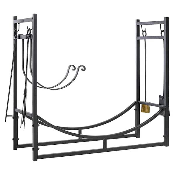 Huluwat 13 in. 2 Tiers Heavy-Duty Curved Bottom Black Metal Indoor/Outdoor Firewood Rack with Fireplace Tools