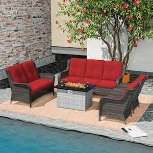 5-Piece Wicker Outdoor Patio Conversation Set with Red Cushions and Rectangular Fire Pit Table