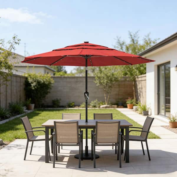 11 ft. 3-Tier Market Patio Umbrella Crank and Tilt Outdoor Umbrella in Red  with LED Lights MD113LED-ED - The Home Depot