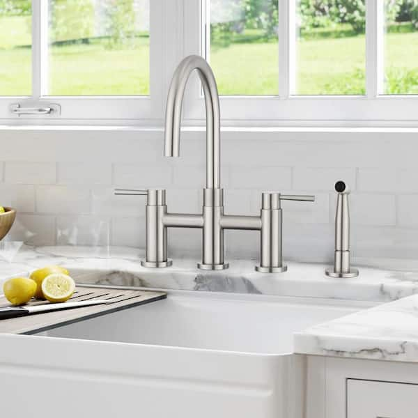 Double Handle Brass Kitchen Faucets, Kitchen Bridge Faucet with Side Sprayer, 8 inch Kitchen Faucet in Brushed Nickel