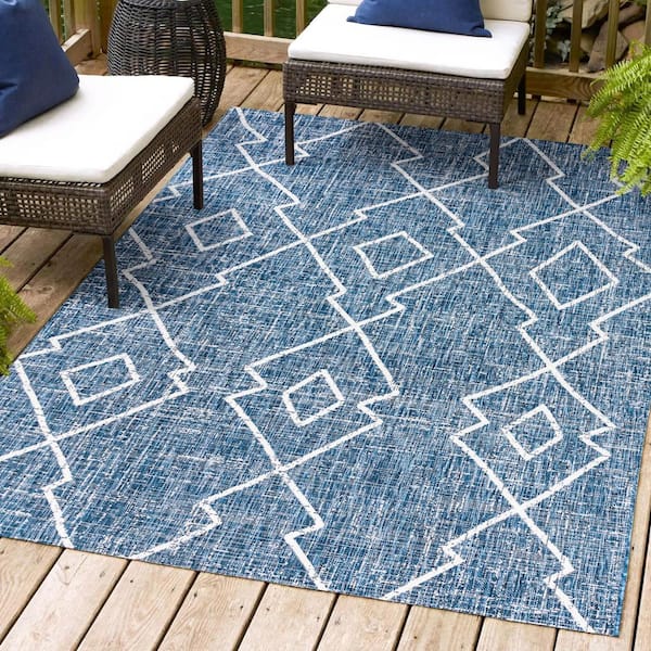 Carwa Blue/Ivory 5 ft. x 8 ft. Tribal Diamond Trellis Indoor/Outdoor Area Rug