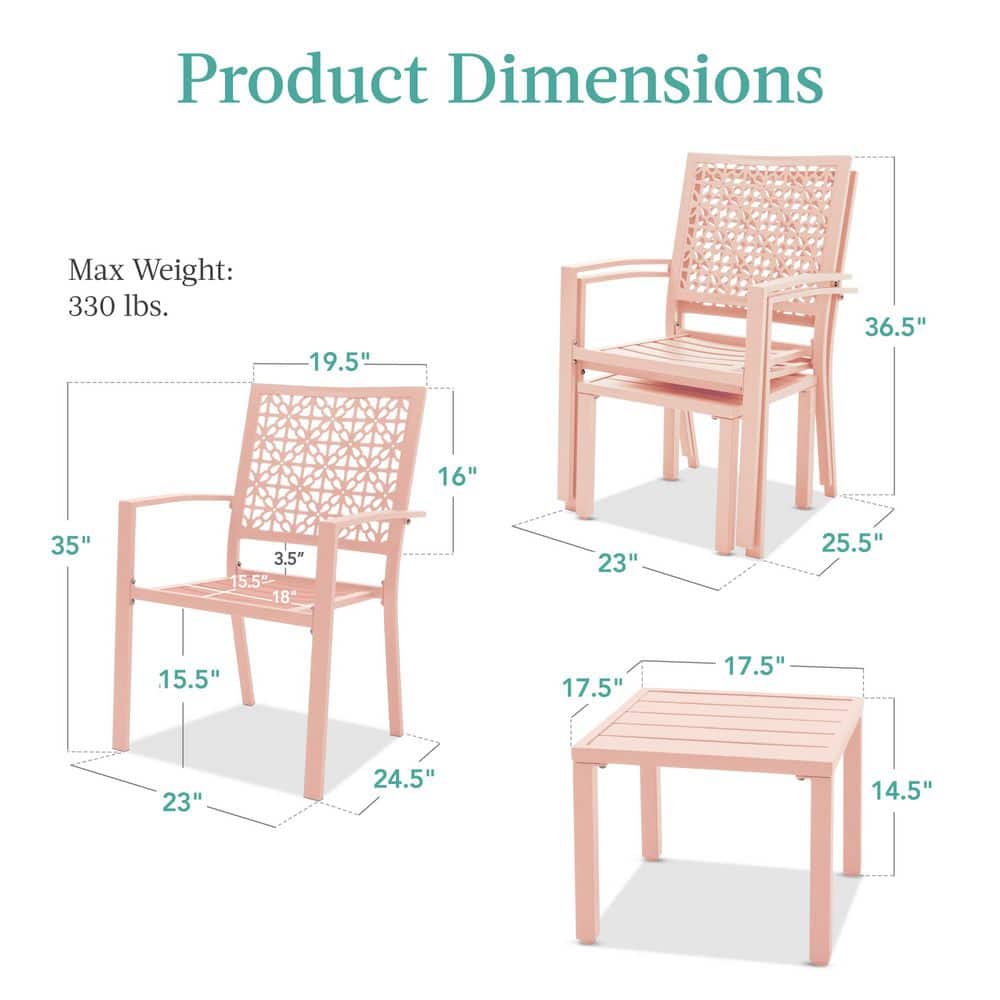 Peach Steel 3-Piece Outdoor Patio Bistro Set with Armchairs and Table