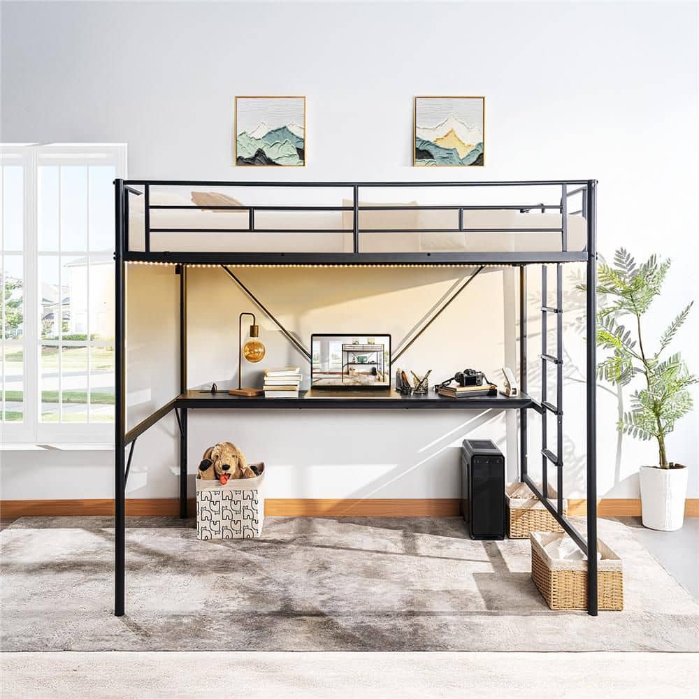 Black Twin Size Metal Loft Bunk Bed Frame for Kids Teens Adults with Desk Underneath,2 Charging Station,LED Lights price history on PriceWatchPro