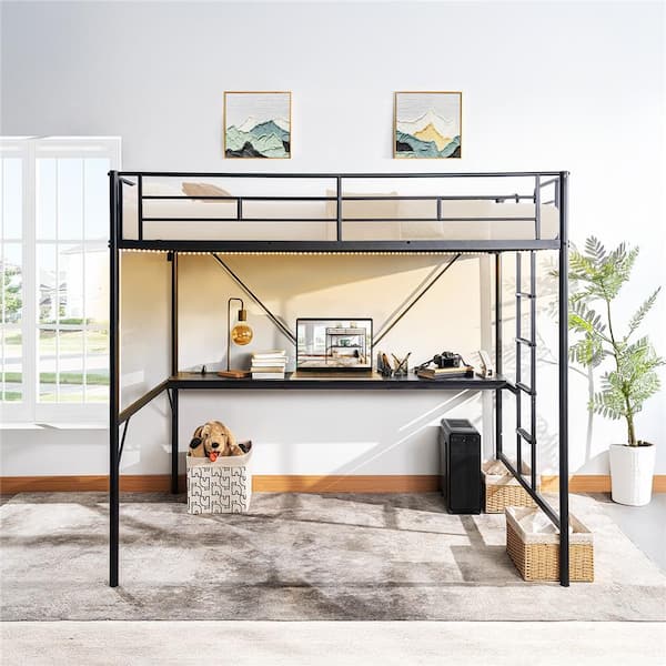 Black Twin Size Metal Loft Bunk Bed Frame for Kids Teens Adults with Desk Underneath,2 Charging Station,LED Lights