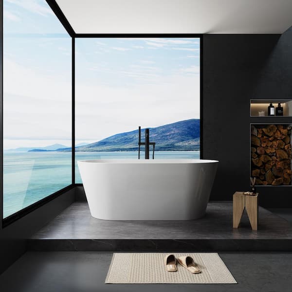 KINWELL 55 in. Acrylic Alcove Flatbottom Freestanding Bathtub Non-Whirlpool Soaking Tub in White