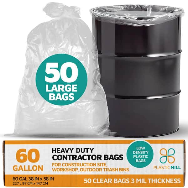 PlasticMill 38 in. W x 58 in. H 50-60 Gal. 3 mil Clear Contractor Bags (50-Count)