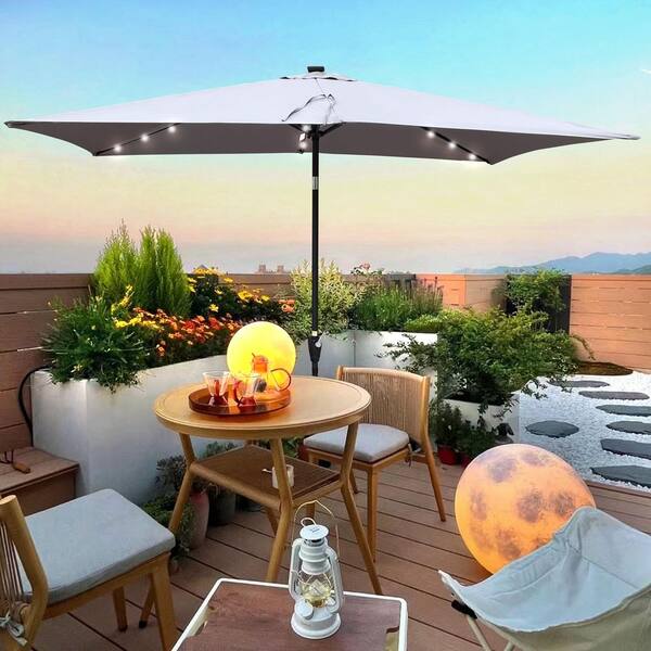 10 ft. x 6.5 ft. Steel Outdoor Rectangular LED Market Patio Umbrella in Light Slate Gray with Push Button Tilt and Crank