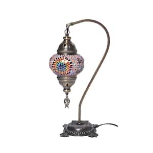 18 in. Brass Color Table Lamp in Multicolor Handmade Swan NeckStar Mosaic Glass with Metal Base