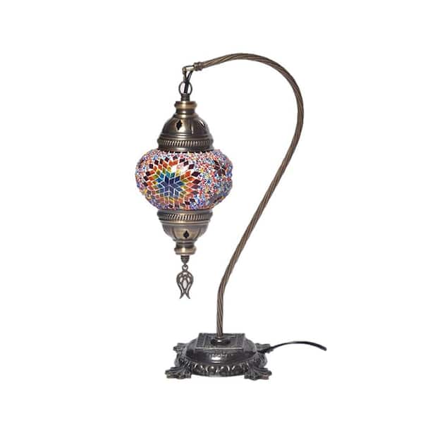 Unbranded 18 in. Brass Color Table Lamp in Multicolor Handmade Swan NeckStar Mosaic Glass with Metal Base
