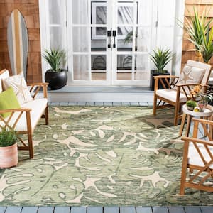 Courtyard Beige/Green 8 ft. x 10 ft. Palm Leaf Border Indoor/Outdoor Patio  Area Rug