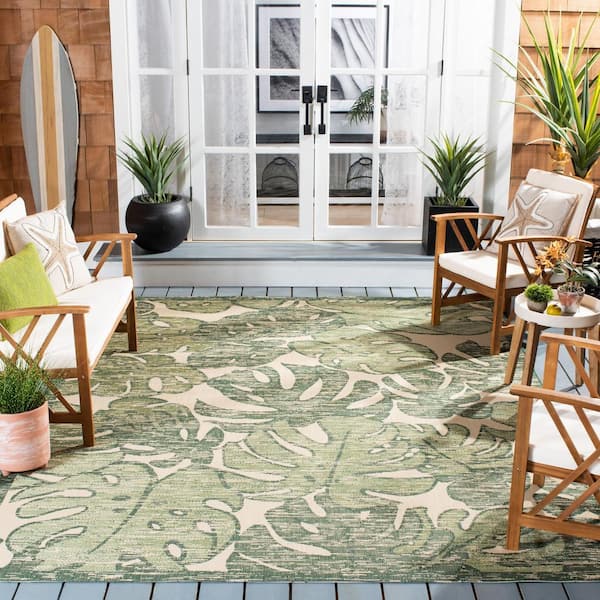 Courtyard Beige/Green 8 ft. x 10 ft. Palm Leaf Border Indoor/Outdoor Patio  Area Rug