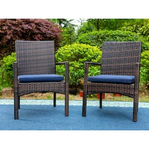 Black Rattan Metal Patio Outdoor Dining Chair with Blue Cushion (2-Pack)