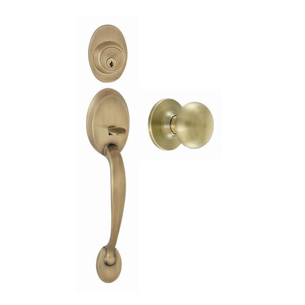 Design House Coventry Antique Brass Door Handleset with Cambridge Knob Interior and Single Cylinder Deadbolt