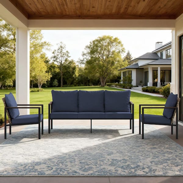 3-Piece Natural PE Rattan Wicker Outdoor Sectional Sofa Set with Blue Washable Cushions