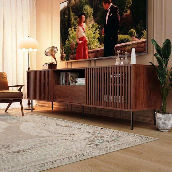Hommpa Walnut TV Stand Fits TV's up to 80 in. With 2 Slat Doors, 5