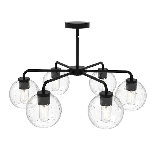 28 in. 6-Light Black Modern Semi-Flush Mount Pendant Lighting, Adjustable Height with Glass Shades for Dining Room