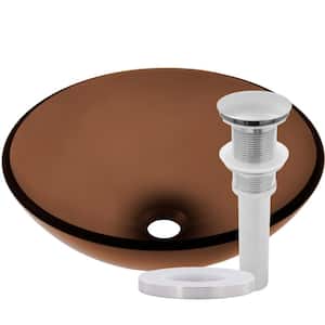 Ty Clear Brown Glass Round Vessel Sink with Drain in Brushed Nickel