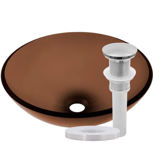 Novatto Ty Clear Brown Glass Round Vessel Sink with Drain in Brushed Nickel