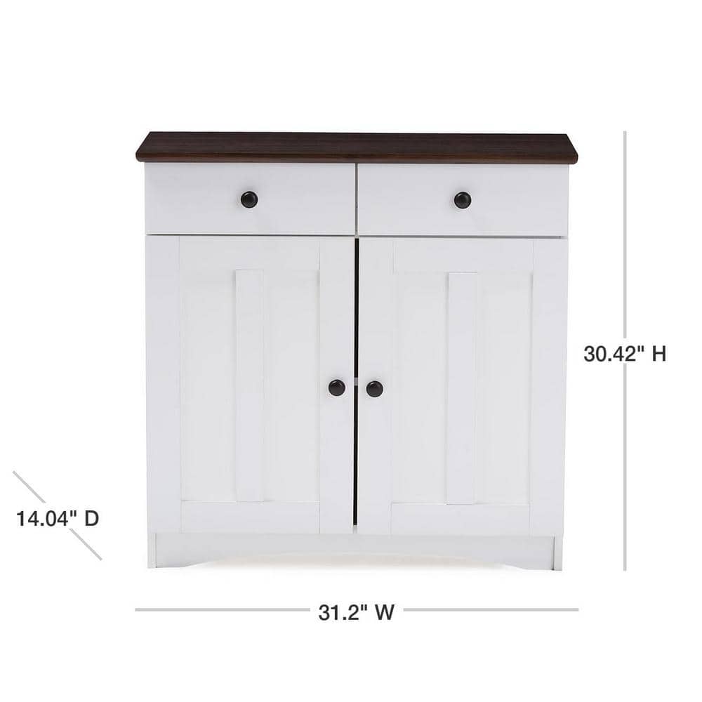Lauren White and Dark Brown Buffet Kitchen Cabinet with Two Doors and Drawers