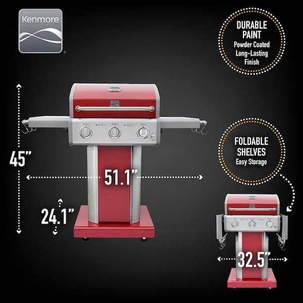 KENMORE 3 Burner Pedestal Propane gas Grill with Foldable Side Shelves in  Red PG-4030400LD-RD - The Home Depot