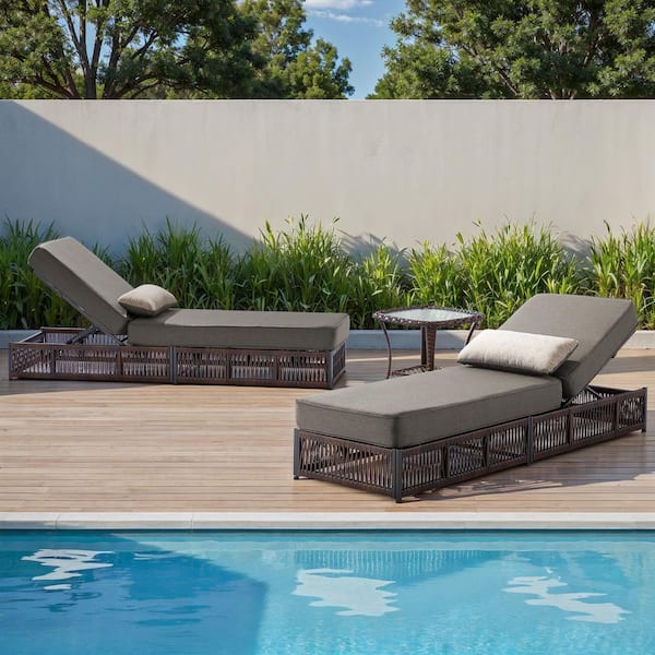 ArcoBay 3-Piece Brown Wicker Outdoor Chaise Lounge with 5 in. Thick Gray Cushions and Side Table