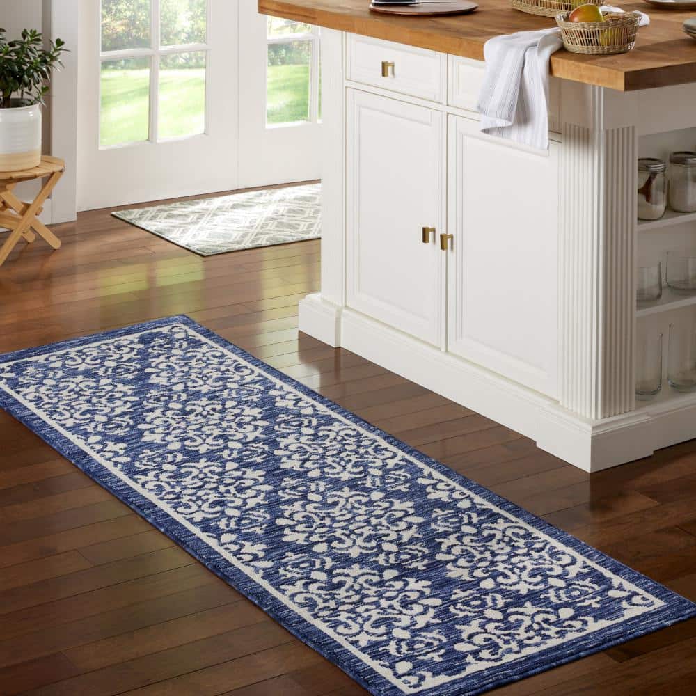 Navy Blue Tufted Medallion Washable Runner Rug 24" x 72"