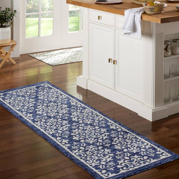 Everyday Walker Damask Medallion Navy Blue 24 in. x 72 in. Machine Washable Runner Kitchen Mat