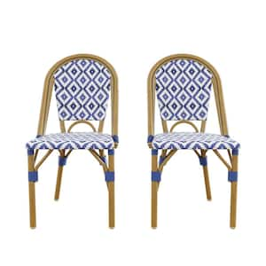 French Bistro Wicker Aluminum Outdoor Patio Armless Dining Chair in Navy Blue and White (2-Pack)