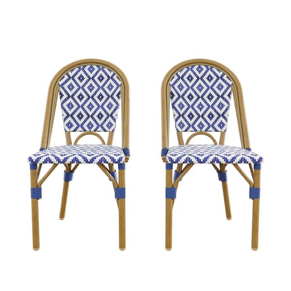 French Bistro Wicker Aluminum Outdoor Patio Armless Dining Chair in Navy Blue and White (2-Pack)
