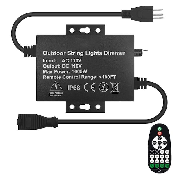 Waterproof Outdoor Dimmer Switch for String Lights, 1000W Max, RF Remote Timer, 3-Prong Plug for LED and Patio Lights