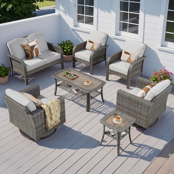 OVIOS Missisi Gray 7-Piece Wicker Patio Conversation Set with Gray Cushions and Swivel Chairs