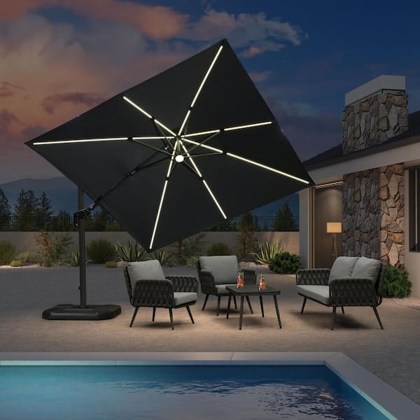 PURPLE LEAF 10 ft. Square Aluminum Cantilever Solar LED Swivel Offset 360° Rotation Umbrella with Base, Gray