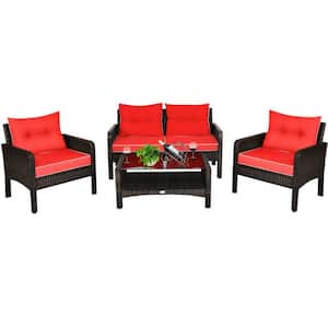 4-Piece Wicker Patio Conversation Set Rattan Sofa Set with Red Cushions and Coffee Table