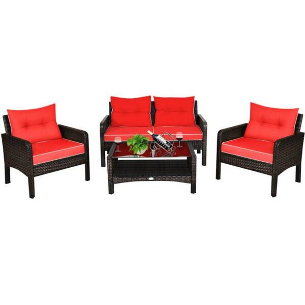 Clihome 4Piece Wicker Patio Conversation Set Rattan Sofa Set with Red