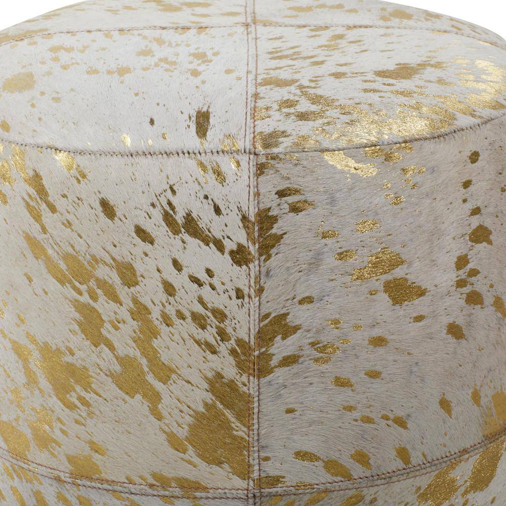 Elegant Gold Leather Round Pouf with Handmade Patchwork Design