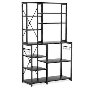 Bachel Contemporary Black Kitchen Baker's Rack with Open Shelves and Hanging Hooks