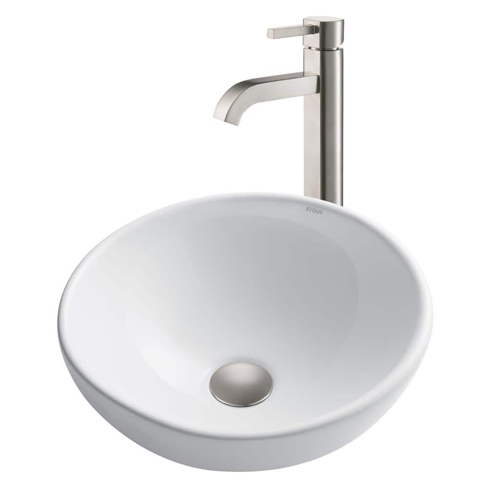 White Ceramic Round Vessel Sink with Satin Nickel Faucet