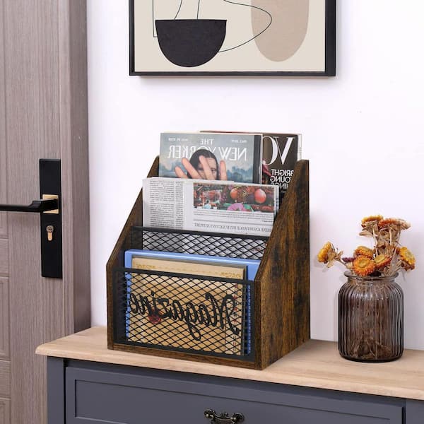 Rustic Brown 11.5 in. x 12.5 in. Wood Freestanding Magazine Rack