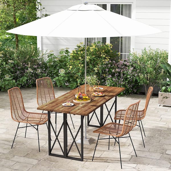 Patio Rectangle Table Heavy-Duty Acacia Wood 67 in. Outdoor Dining Table with Umbrella Hole