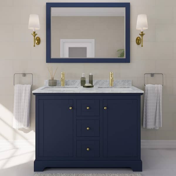 Wyndham Collection Avery 48 in. W x 22 in. D Double Vanity in Dark Blue with Marble Vanity Top in White Carrara with Square Basins
