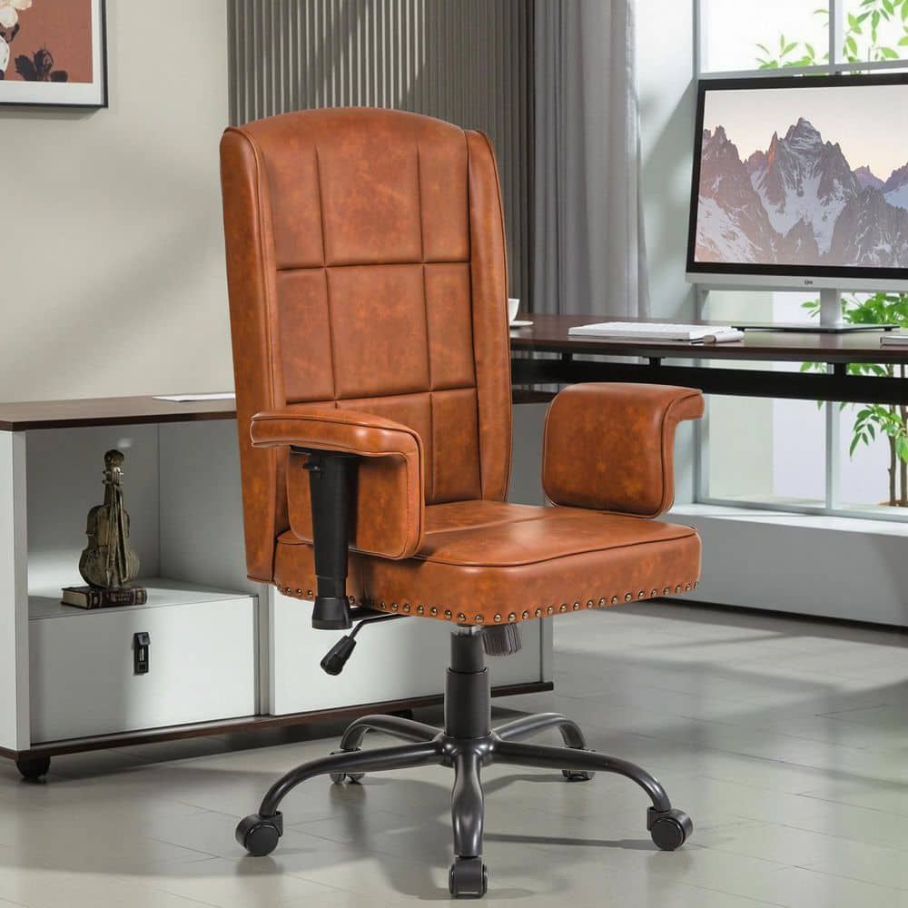 High Back Office Chair Faux Leather Wheels Task Chair in Brown Style 2 with Adjustable Armrests-Swivel Desk Chair - Thumbnail 3