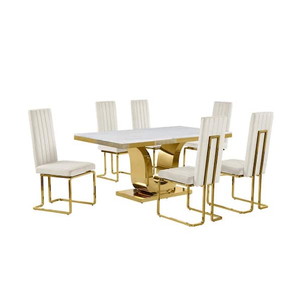 Best Quality Furniture Ada 7-Piece Rectangle White Marble Top With Gold Stainless Steel Dining Set With 6 Cream Velvet Gold Chrome Chairs