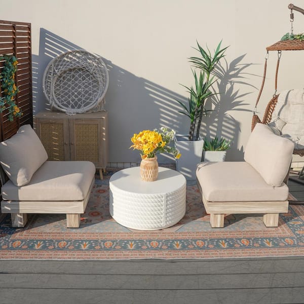 Choi 3-Piece Aluminum Outdoor Patio Wood Grain Conversation Set with White Cushions