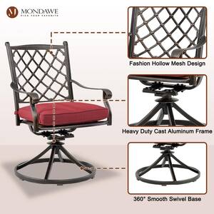 3-Piece Cast Aluminum Outdoor Dining Set Round Tile-Top Table Diagonal-Mesh Backrest Swivel Chair with Red Cushions